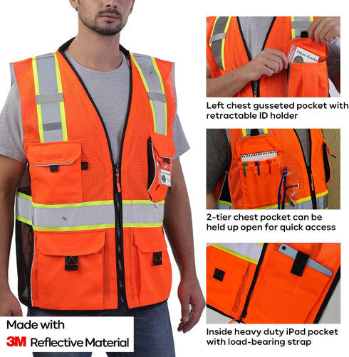Reflective Safety Vest Orange Mesh, Made with 3M Reflective Tape, Heavy Duty Vest with ID pocket, Padded Neck, Orange L...