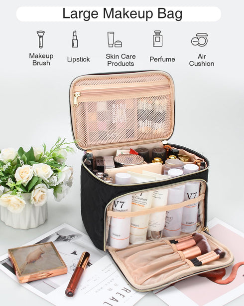 Relavel Makeup Bag, Large Capacity Travel Makeup Bag Organizer, Waterproof Cosmetic Bag with Adjustable Dividers for Women, Make Up Brush Holder M...