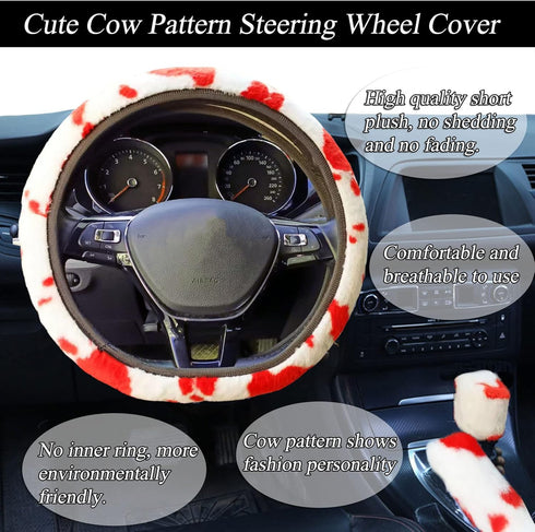 Fluffy Cow Print Plush Steering Wheel Cover for Women with Furry Gear Cover,Handbrake Cover,Seat Belt Cover,Armrest Pad,Car Coaster and Bling Embl...