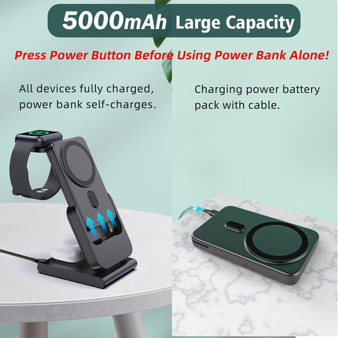 Wireless Charging Station for Apple MagSafe Charger, 3 in 1 MagSafe Charger Stand for iPhone 15 Pro Max/14/13/12, Air Pods, iWatch, Portable 5000m...