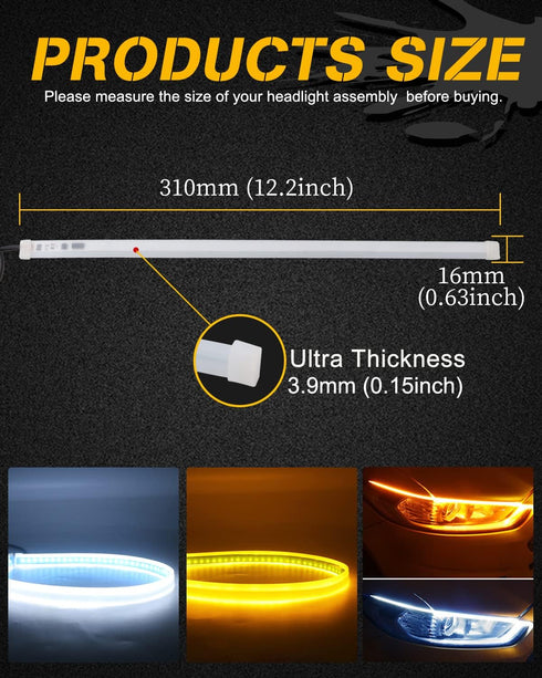 Qasim 30cm Soft Tube Guide Flexible LED Strip Daytime Running Light 12inch White Yellow Sequential Flowing Turn Signal LED Strip Auto Cars Motorcy...