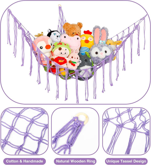 Boho Stuffed Animals Net or Hammock Large,55 inch Toy Hammock Macrame Stuff Animal Storage Corner Hanging Net Holder,Mesh Hammock Plush Toy Organi...
