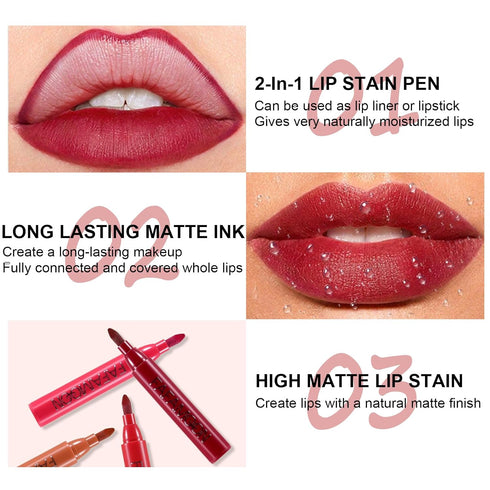 Lip Stain Pen, Velvet Matte Lip Marker, Hydrating and Waterproof Formula, Smooth Longlasting Natural Lipstick Pen Quick Drying Lip Color, 2-in-1 L...