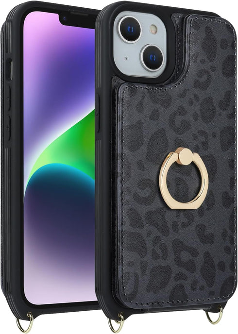 for iPhone 13 Case with Card Holder for Women,iPhone 13 Phone Case with Strap,Crossbody Lanyard,Ring Stand,Snap Clasp,Cute Wallet Cases for iPhone...