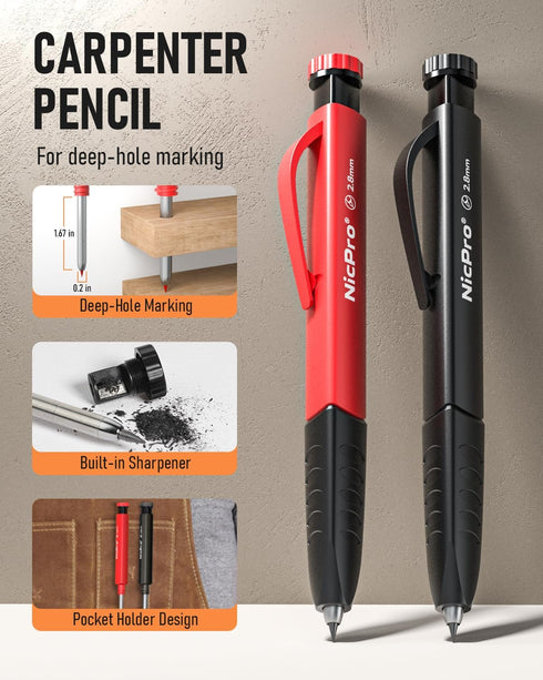 Nicpro 2 Pack Carpenter Pencil Set with Sharpener & Finger Grip, Mechanical Woodworking Pencils with 26 Refills (Red, Black, Yellow), Deep Hole Ma...