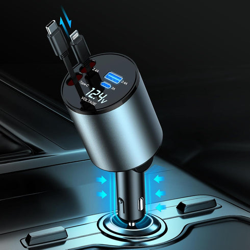 Car Charger 100W Super Fast Charging, 4-in-1 Retractable Car Charger, 180° Adjustable USB Car Charger, Car Charger Adapter with Voltage Display fo...