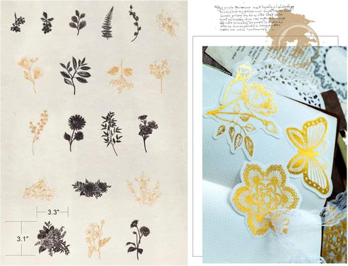 Vintage Zen Botany Flower Washi Sticker Pack, Artsy Natural Black-and-White Plants with Golden Sketch Decals Collection, Wild Plants Gray and Gold...