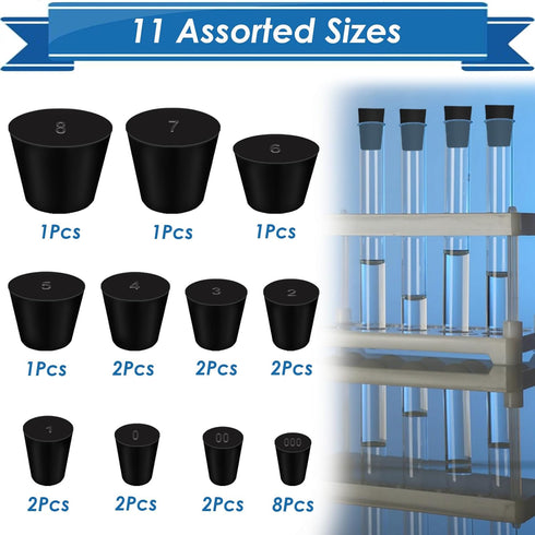 24Pcs Solid Rubber Stopper 11 Assorted Sizes 000# - 8# for Flask, Plug Holes, Lab Seal Rubber Stoppers...
