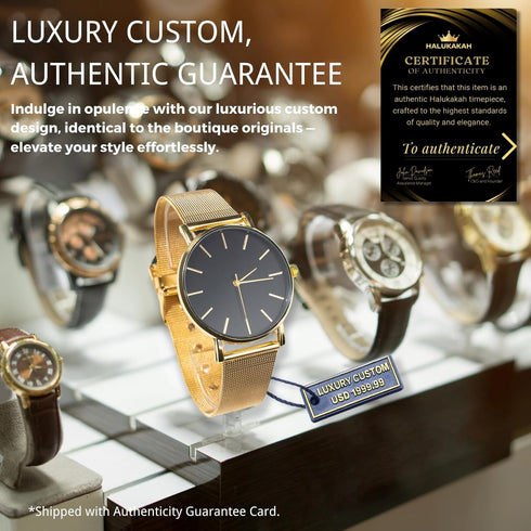 Halukakah Minimalist Stainless Steel Men's Watch - 24k Real Gold Plated/Platinum Plated Silver/Rhodium Plated Black Watch Band,Black Dial.Comes wi...