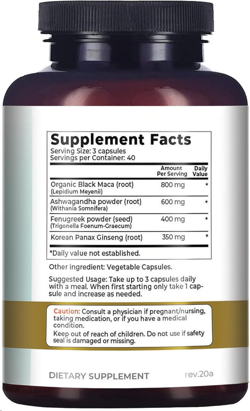 Why Not Natural 4-in-1 Organic Black Maca Root, Ashwagandha, Fenugreek, Panax Ginseng Capsules, Supplement for Men and Women (120 Count (Pack of 1...