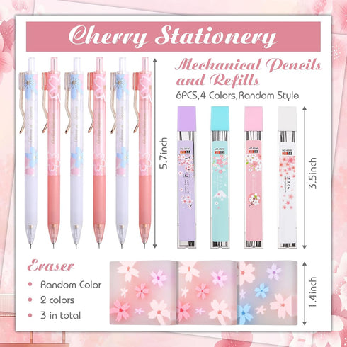Crtiin 74 Pcs Kawaii Cherry Blossom Stationery Set Japanese Kawaii Pencil Bag Mechanical Pencil Cherry Erasers Pencil Refill and Stickers for Scho...