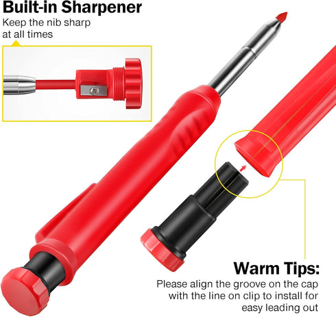 Hiboom 2 Pack Solid Carpenter Pencil with 14 Refill, Long Nosed Deep Hole Mechanical Pencil Marker with Built-in Sharpener for Carpenter Woodworki...