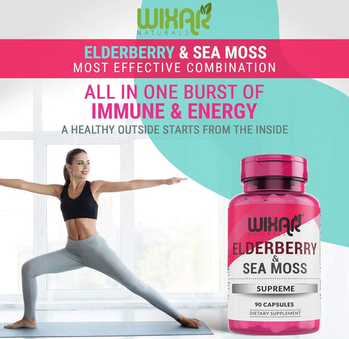 Elderberry and Sea Moss Supreme Capsules - Natural Black Elderberries with Wildcrafted Sea Moss Pills - 90 Capsules - Antioxidants - Herbal Supple...