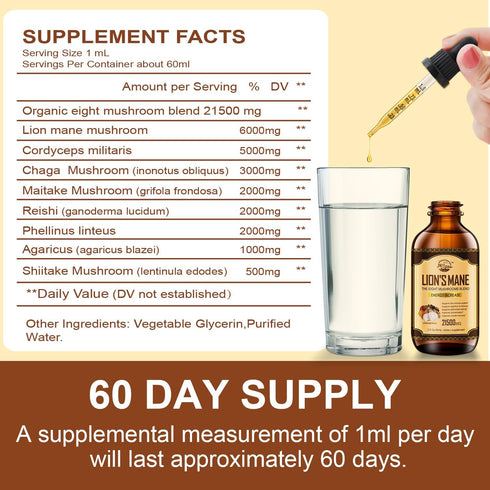 Lions Mane Supplement, Liquid Mushroom Extract Drops, 8 Mushrooms Complex for Cognitive Support and Immunity Boost, Up to 2 Month Supply, Mushroom...