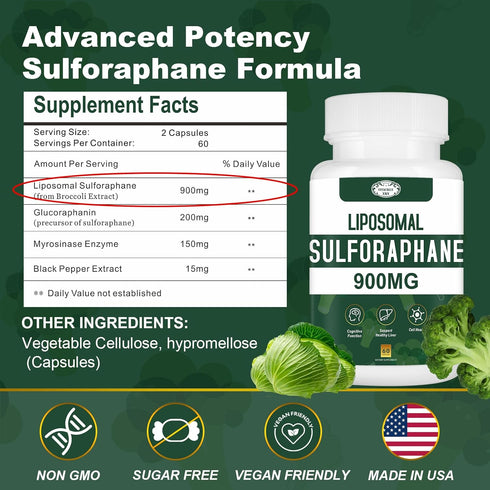 900MG Liposomal Sulforaphane Supplement Broccoli Extract, Liver Supplement for Antioxidant, Digestion, Cellular Health 120 Capsules...