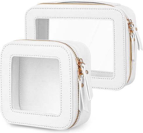 Mini Clear Makeup Bag - White Leather Makeup Pouch for Travel & School, Small Toiletry Bag for Purse & Backpack, Waterproof Square Organizer with ...