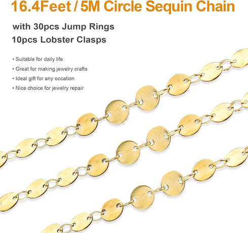 Kyutong 5 Meters Circle Sequins Link Chain Roll Gold Jewelry Chains for Making Jewelry Stainless Steel Chain Bulk with Lobster Clasps and Jump Rin...