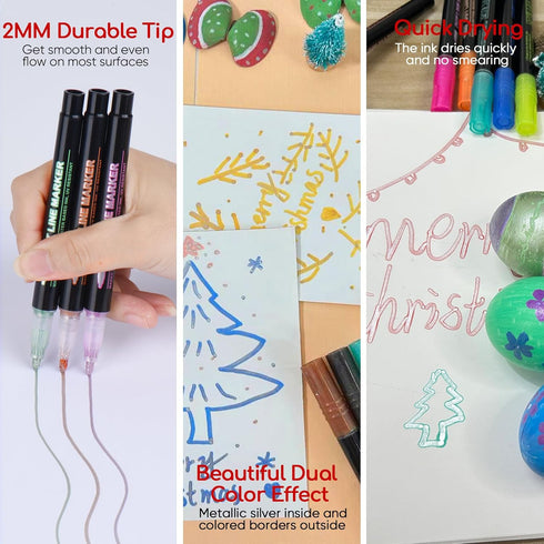 24 Pack Double Line Outline Markers, Squiggles Shimmer Markers Set, Self Outline Metallic Glitter Marker Pens for Christmas,Art, Drawing, Writing,...