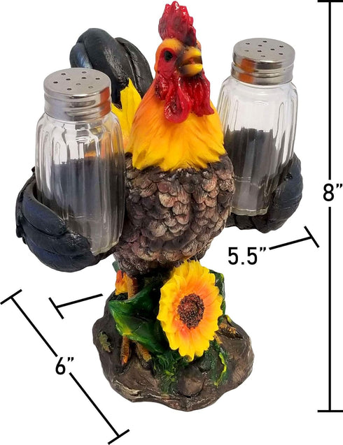DWK 8-inch Spice to Crow About Country Rooster Salt and Pepper Shaker Figurine Display Holder Kitchen and Dining 3-Piece Set...