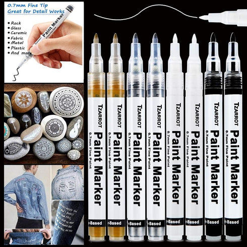 TZARROT White Paint Pen, 8 Pack 0.7mm Acrylic Paint Pens with 2 White 2 Black 2 Gold 2 Silver Permanent Marker for Wood Rock Fabric Metal Plastic ...