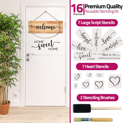 Stencils for Painting on Wood, Canvas, Cursive Script Sayings, Word Paint Stencils Welcome Love Grateful Hearts Reusable, 16pcs Essential Inspirat...