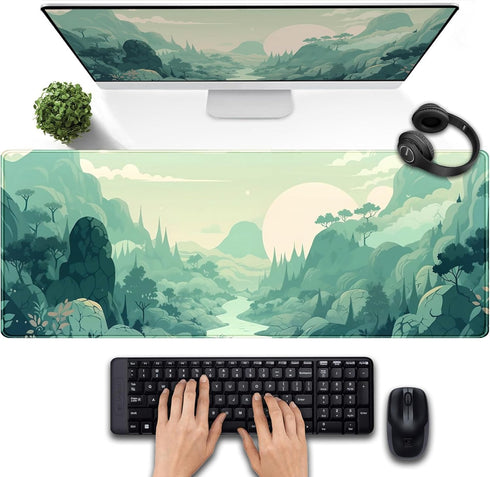 Cute Pastel Mint Green Forest Sage Desk Mat Anime Large Gaming Mouse Pad XL, Aesthetic Sunrise Laptop Computer Keyboard Mouse Mat, Women Office De...