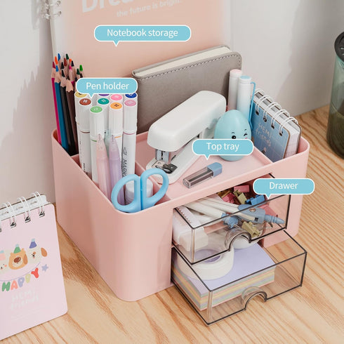 Desk Organizer with 2 Drawer, Multi-Functional Pencil Pen Holder for Desk, Desk Organizers and Storage with 5 Compartments, Desktop Organizer for ...