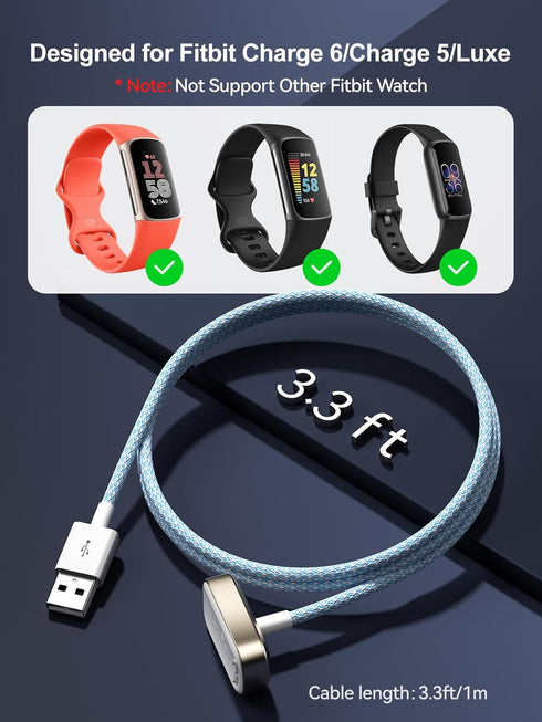 LVFAN Charger Cable for Fitbit Charge 6/Charge 5/Luxe, Fast Charging Cable Smartwatch Replacement Accessories Nylon Braided Cord Charger Dock for ...