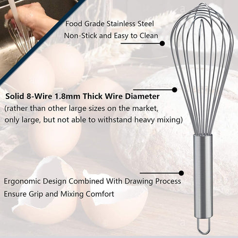 Whisks for Cooking, 3 Pack Stainless Steel Whisk for Blending, Whisking, Beating and Stirring, Enhanced Version Balloon Wire Whisk Set, 8"+10"+12"...