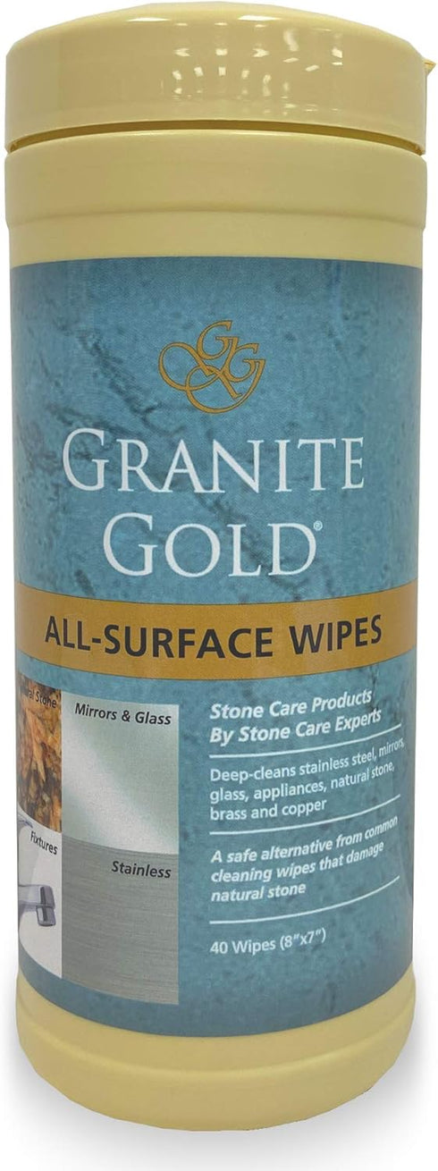 Granite Gold Surface Cleaner Wipes for Stainless Steel, Glass, Granite, Quartz, Marble Countertops, 40 Count (Pack of 1), White...