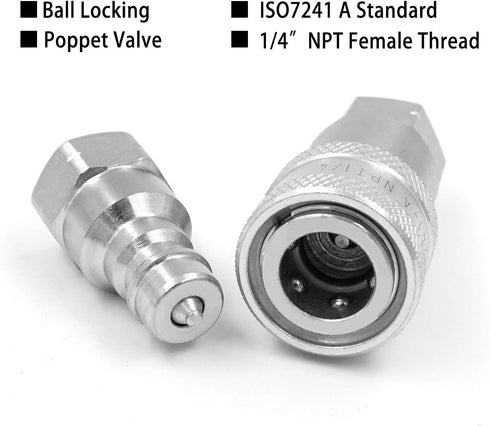 1/4" NPT Thread ISO A Hydraulic Quick Connect Coupling Coupler with Dust Caps...
