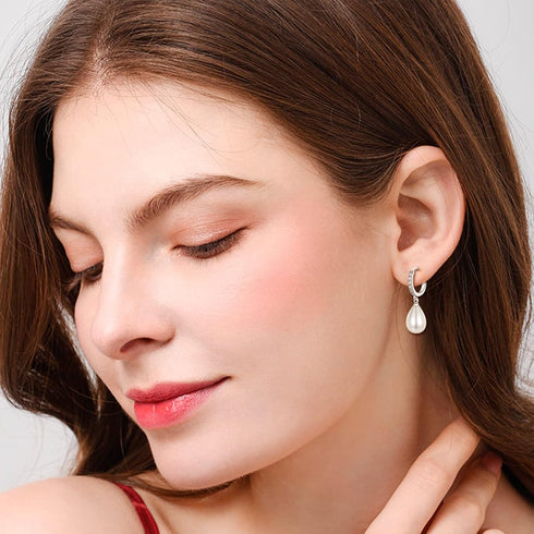 EPIRORA Sterling Silver Simulated Shell Pearl Hoop Earrings Cubic Zirconia Dangle Drop Earrings Jewelry for Women 10mm, Silver (Teardrop)...