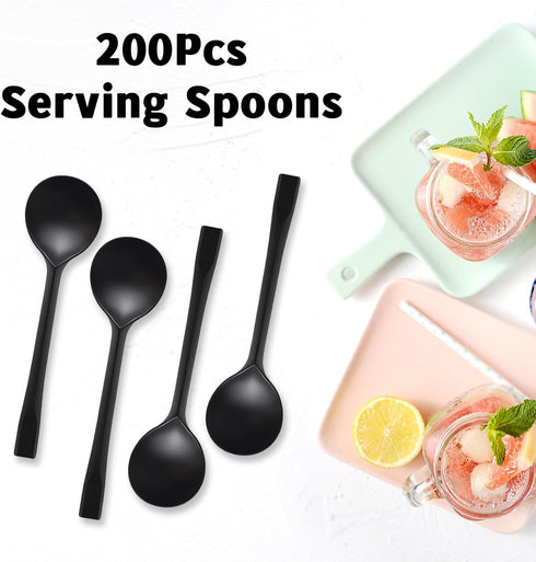 200Pcs Black Plastic Serving Spoons, LIOUCBD Disposable Soup Spoon, Heavy Weight Plastic Utensils Cutlery Set for Weddings Catering Buffets Partie...