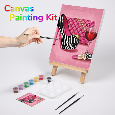 VOCHIC Paint and Sip Kit, Pre Drawn Canvas Painting Party Kit Supplies for Adults with Picture to Paint 1 Easel, 8 Acrylic Colors,3 Brush,1 Pallet...