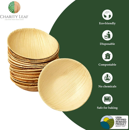 Disposable Palm Leaf 3.5" Round Mini Bowl (25 pcs) Dipping Bowls | Bamboo Like| All Natural and Biodegradable | Charcuterie Boards, BBQs, and Part...