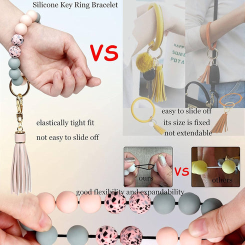 BIHRTC Keychain Bracelet Silicone Key Ring Wristlet with Leather Tassel Wrist Key Ring Bangle Silicone Bead keyring for Women Girls...