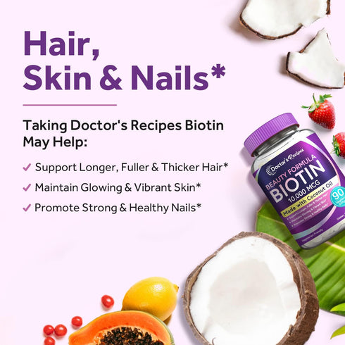 Doctor's Recipes Biotin 10,000 mcg, Hair Growth, Healthy Skin & Nails, Energy Metabolism, Vegetarian-Friendly Biotin, with Coconut Oil, Non-GMO, 3...