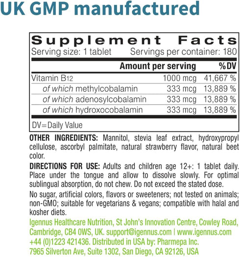 Super B12-Complex 1000mcg, Sublingual & Methylated Vitamin B12, Methylcobalamin, Adenosylcobalamin & Hydroxocobalamin, 180 Servings, Clean Label, ...