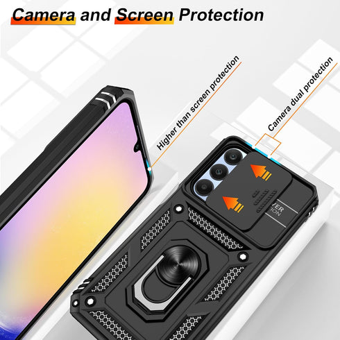 for Samsung Galaxy A25 5G Phone Case with Slide Camera Cover & Screen Protector*2, Samsung A25 5G Case Build in 360° Rotating Ring Kickstand, Mili...