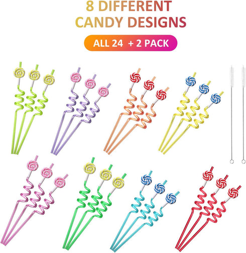 Candyland Party Supplies Drinking Plastic Straws Reusable 24 for Kids Sweet Candy Lollipop Birthday Party Favors with 2 Cleaning brush...