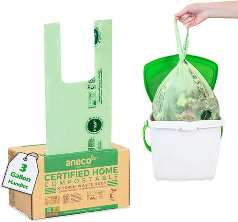 ANECO Compostable Food Waste Bags 3 Gallon With Handles (30 Count), Extra Strong Compost Bags for Kitchen Countertop Bin - BPI & OK Compost HOME C...