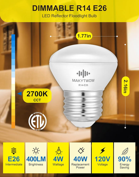 R14 Led bulb 4W E26 Base 2700K Warm White Dimmable Mini LED Reflector Floodlight Bulb 40W Equivalent 400 Lumens 4Pack...