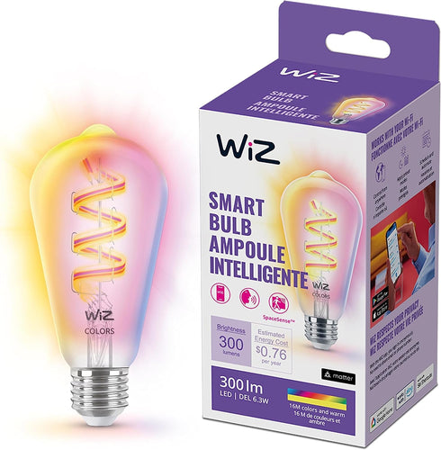 WiZ Color ST19 Color Filament LED Smart Bulb - Pack of 1-300 Lumen - E26 Indoor - Connects to Your Existing Wi-Fi - Control with Voice or App + Ac...