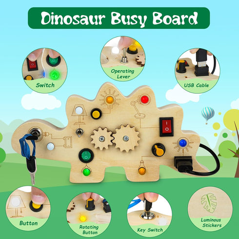 Toddler Busy Board, Montessori Toys for 1-3 + Year Old Baby, Wooden Busy Board with Led Light, Dinosaur Toddler Toys Sensory Toys Travel Toys for ...