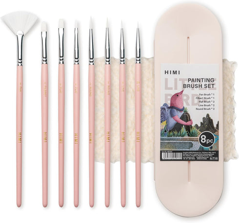 HIMI Paint Brushes Set 8 Pcs for Acrylic Oil Gouache Paint?2 Flat & 2 Round & 2 Liner &1 Filbret &1 Fan, 8pcs Brushs, Interesting Designed Nice Gi...