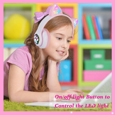 Wireless Headphones for Kids, Cat Ear LED Light Up Bluetooth Kids Headphones with Microphone for School/Travel/Sports/Gaming/Gifts/Christmas (Pink...