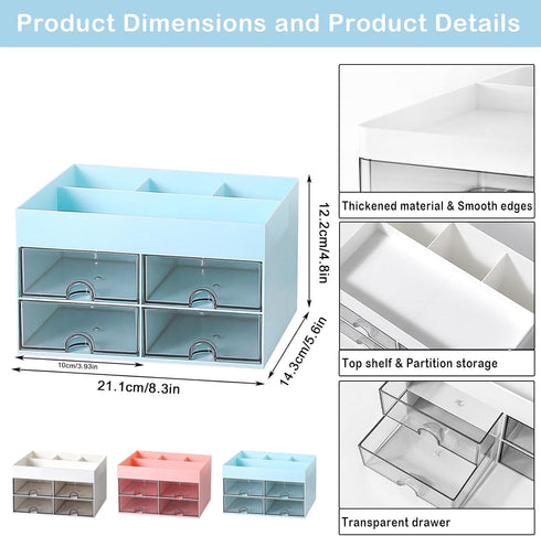 Desk Organizer and Accessories with 4 Compartments and 4 Drawers, Plastic Makeup Organizer, Pen Holder for Desktop Storage, Desk Organization for ...