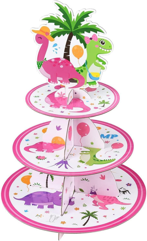 WERNNSAI Dinosaur Cupcake Stand - 3-Tier Pink Dinosaur Birthday Party Decorations for Girls Cardboard Dino Cupcake Holder Dessert Tower Round Serv...