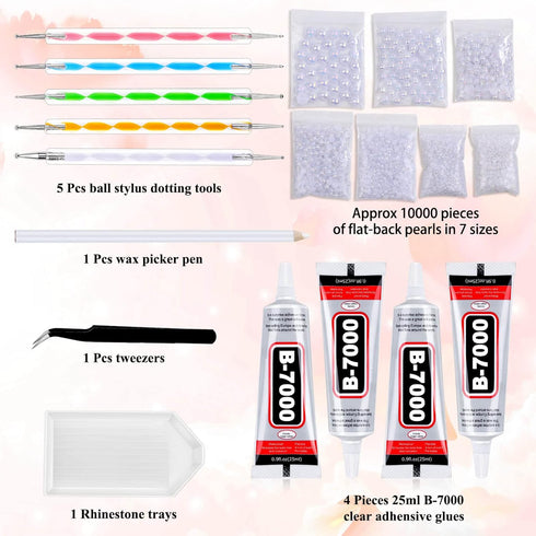 B-7000 Clear Rhinestone Glue and Flat Back Pearls for Craft, Shynek 4Pcs 25ML Crystal Jewelry Glue with 10000PCS AB White Pearl Rhinestones for Tu...