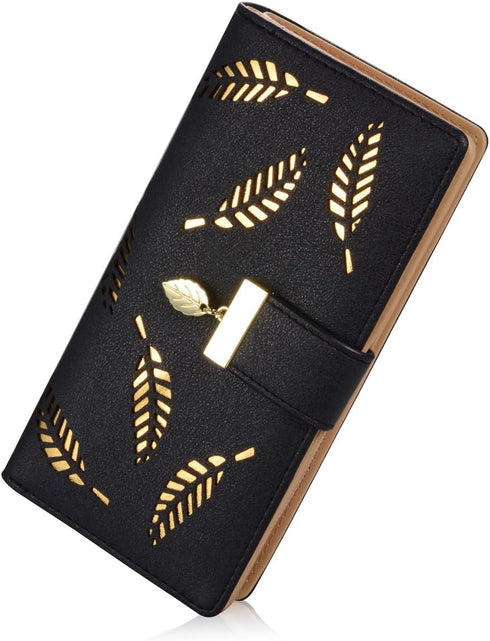Women's Long Leaf Bifold Wallet Leather Card Holder Purse Zipper Buckle Elegant Clutch Wallet Handbag for Women - Black...